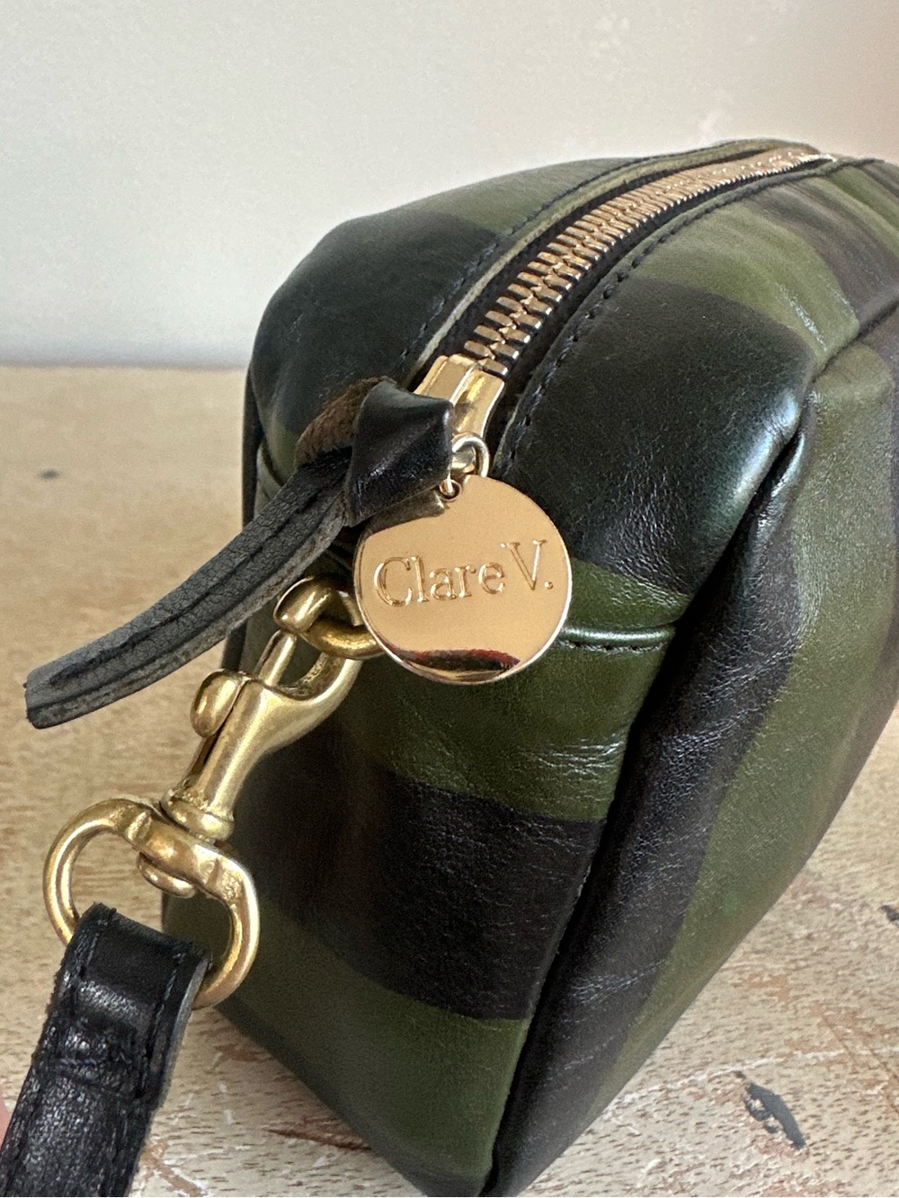 Clare V Striped Leather Crossbody Midi Sac Bag in Black/Fern Stripe - Picture 6 of 16